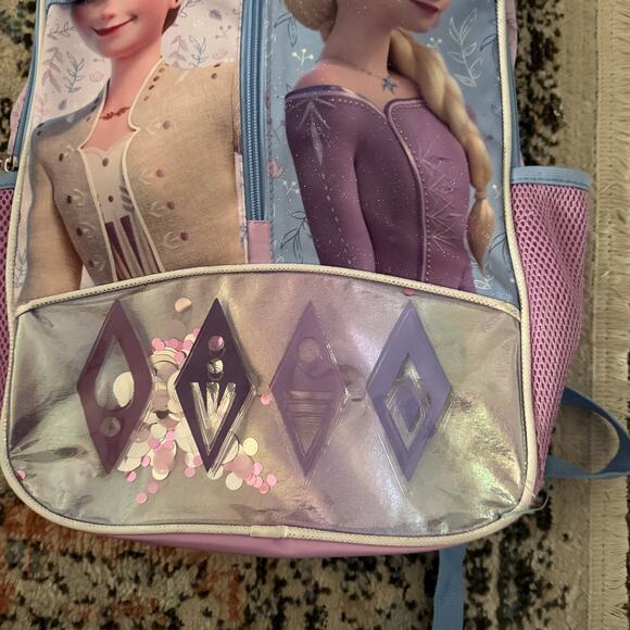 Disney Frozen Elsa Anna Backpack Girls Purple Blue Glitter School Bag 16" Pocket - Picture 3 of 8